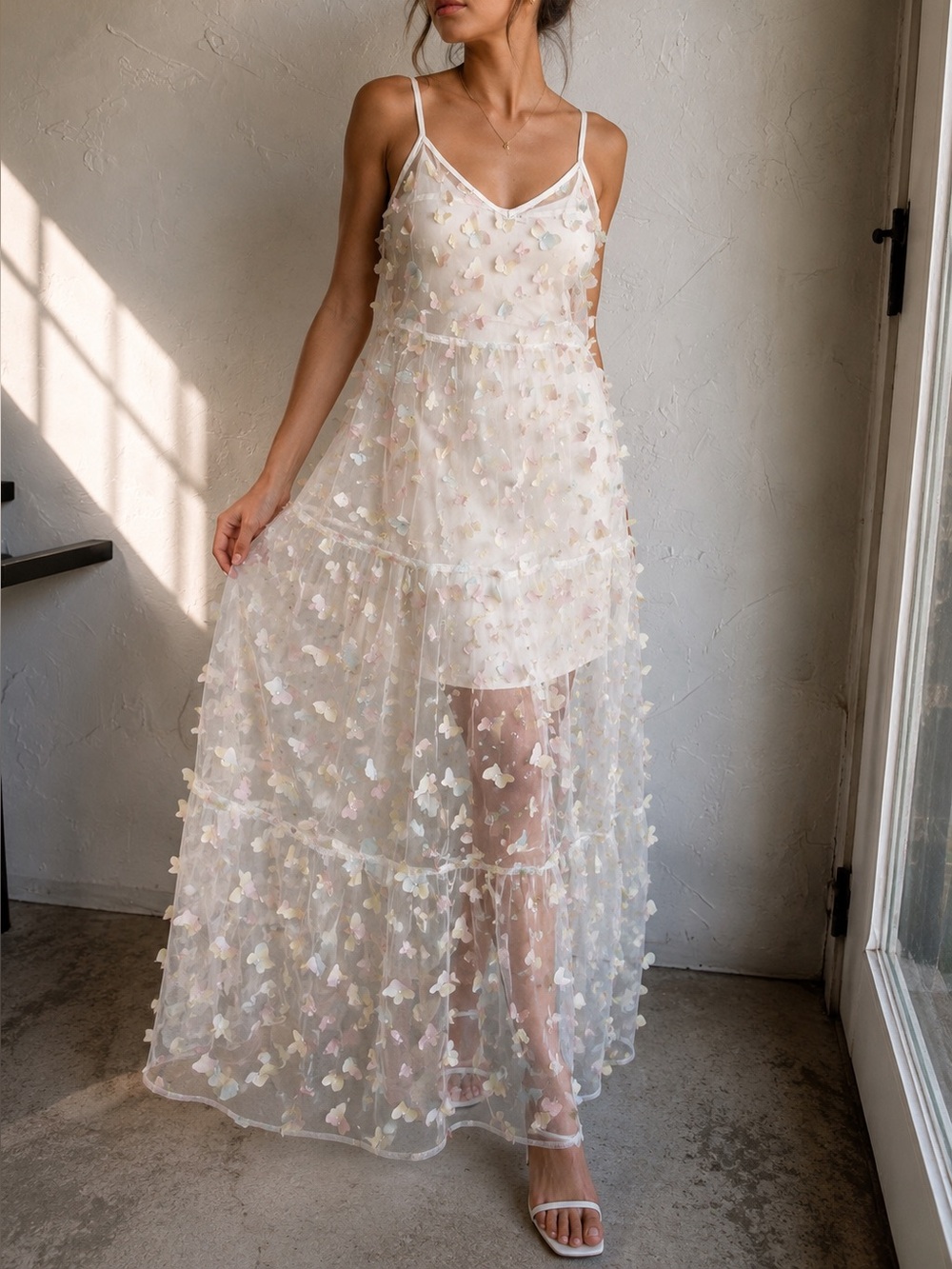 Storia Sheer Ivory Maxi Dress with Pastel Appliqués